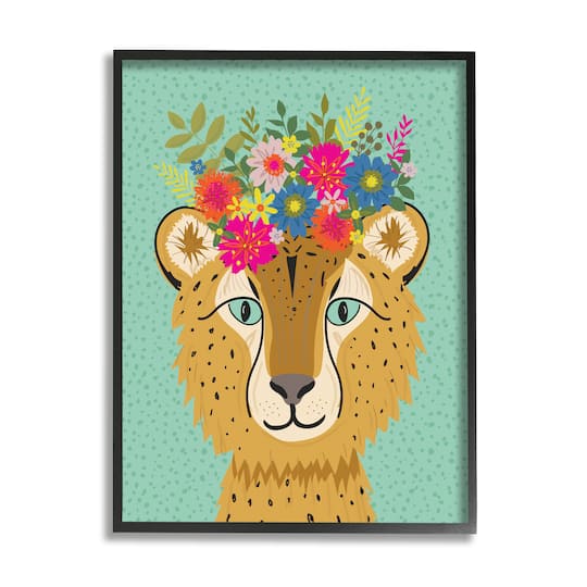 Stupell Industries Floral Crown Cheetah Spotted Fur Playful Animal in Black Frame Wall Art